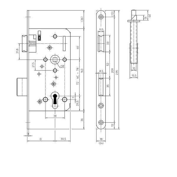 KFV Veiligheidsslot 115-S3-PZW DM55 PC72 235x24mm SKG** - Afbeelding 2