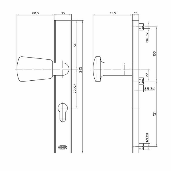 NEMEF Smaldeurbeslag met Kerntrekbeveiliging 3429-72mm AK KN/KR LS PC72 F1 DD:38-40mm SKG*** - Afbeelding 2
