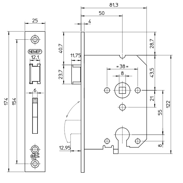 NEMEF Veiligheidshaakschootslot 4109/17 Rechthoekig PC55 DM50 RVS Din LS SKG** (Incl. Sluitplaat) - Afbeelding 2