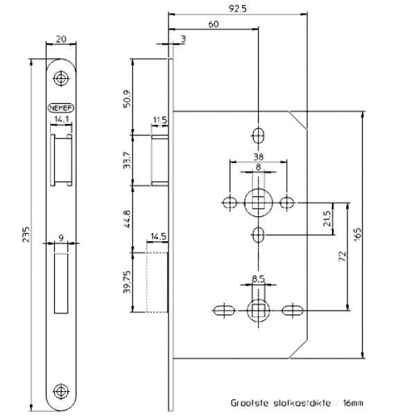 NEMEF 600 Serie Binnendeurslot WC-slot WC72 DM60 644/17 RVS Din LS (Excl. Sluitplaat) - Afbeelding 2