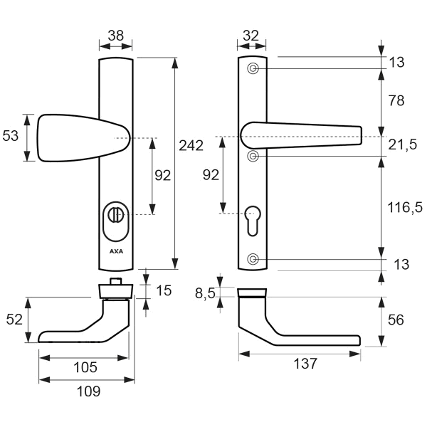 AXA Premium Smaldeurbeslag KTB Wing/Arrow Kn/Kr PC92 F1 DD:38-67 6762-50-11/92 SKG*** - Afbeelding 2