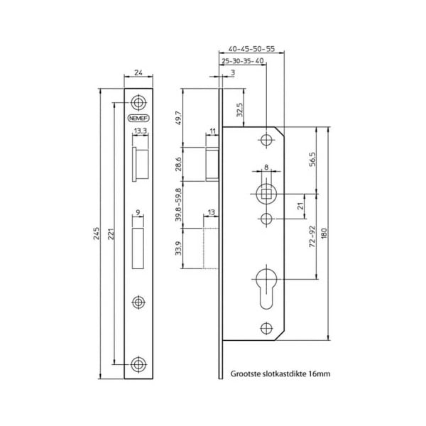 NEMEF Smaldeurslot PC72 DM25 8691/14 verzinkt Din LS (Excl. Sluitplaat) - Afbeelding 2