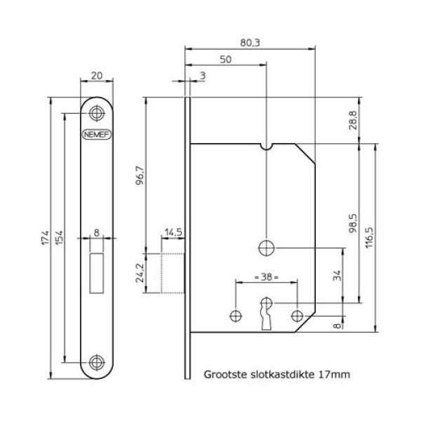 NEMEF 1200 Serie Binnendeurslot Kastslot Klavierslot DM50 1256/17 RVS LS/RS (incl. Sluitplaat) - Afbeelding 2