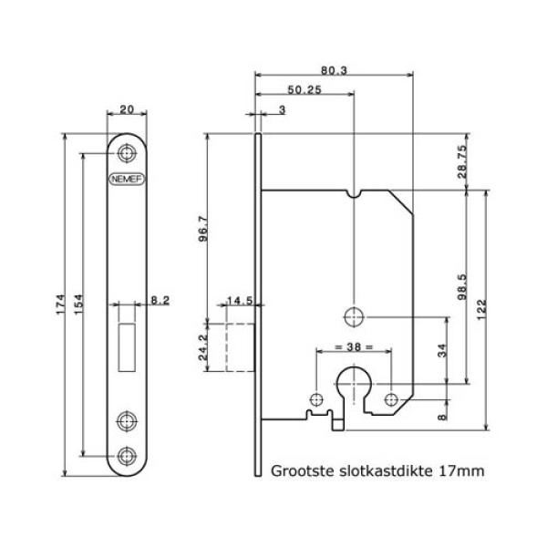 NEMEF 1200 Serie Binnendeurslot Kastslot Profielcilinder DM50 1258/2 Gelakt LS/RS (incl. Sluitplaat) - Afbeelding 2