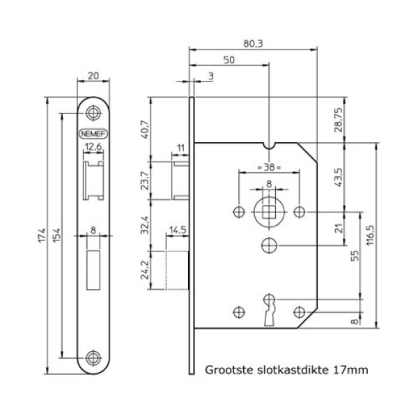 NEMEF 1200 Serie Binnendeurslot Klavierslot SL56 DM50 1266/4 Gelakt LS/RS (incl. Sluitplaat) - Afbeelding 2