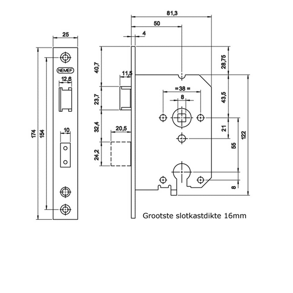 NEMEF Veiligheidsslot 4119/17 Rechthoekig PC55 DM50 RVS Din LS SKG** (Incl. Sluitplaat) - Afbeelding 2