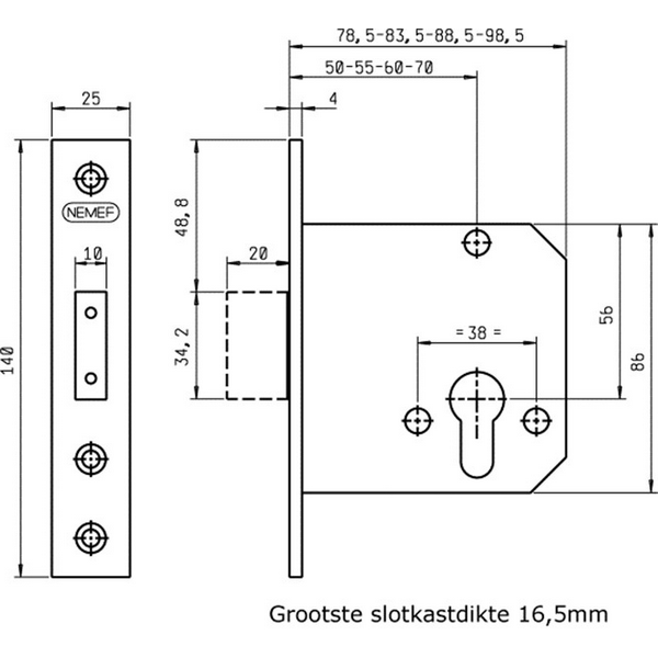 NEMEF Veiligheidsbijzetslot 4228/27 Afgerond DM60 RVS Din LS/RS SKG** (Incl. Sluitplaat) - Afbeelding 2